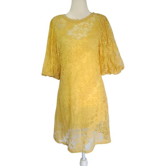 Jen's Pirate Booty Womens Yellow Embroidered Puff Sleeve Dress Small - Picture 1 of 5
